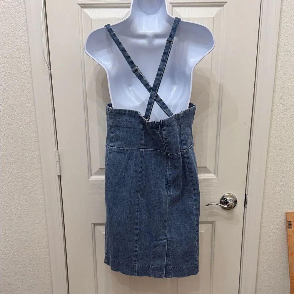 Lux Blue Denim Mini Dress Adjustable Straps Size 10 Square Neck Slit Back - Picture 7 of 12